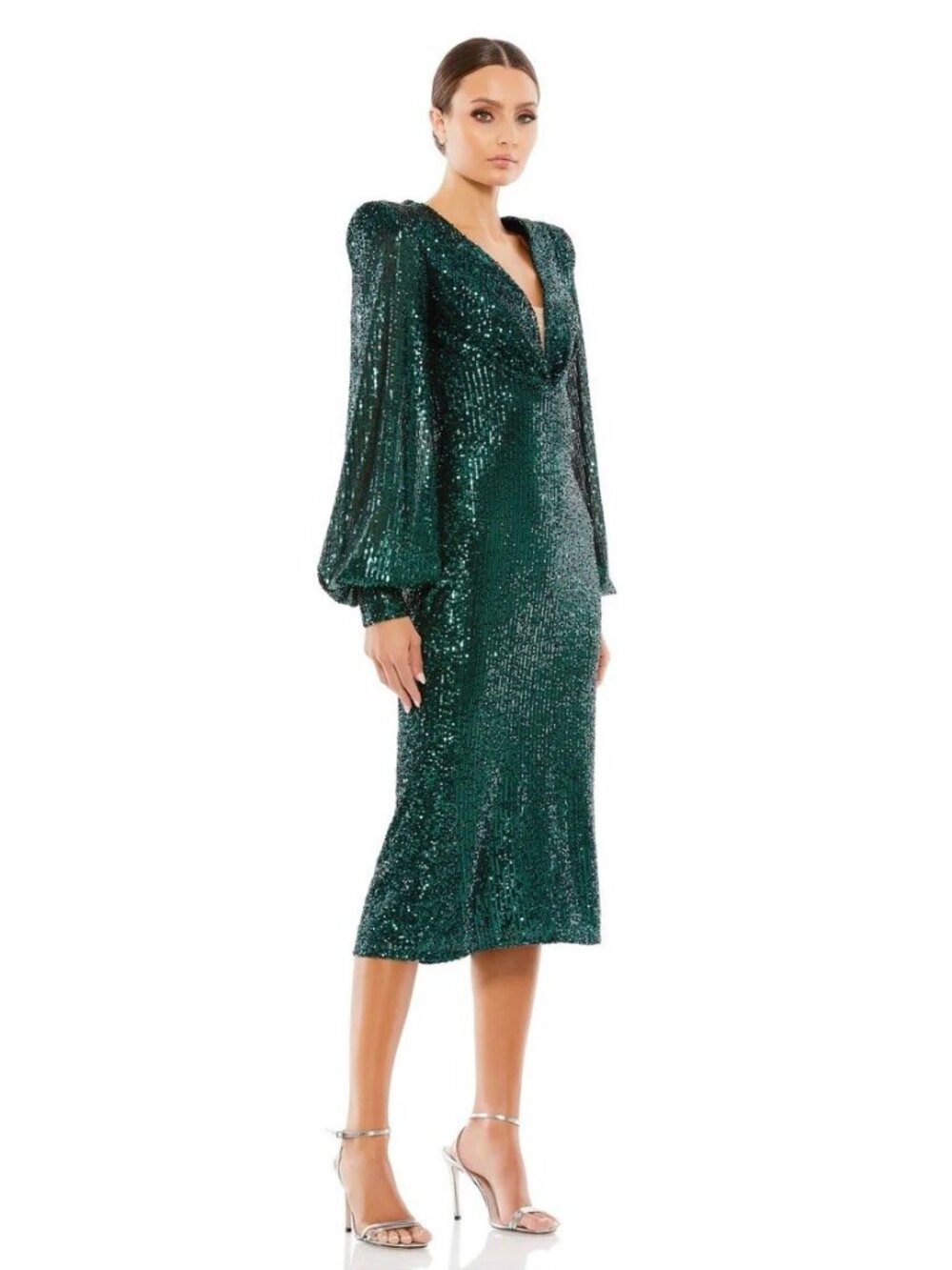 Mac Duggal Size 6 Green 26866 Sequined Structured Bishop Long Sleeve Midi Dress